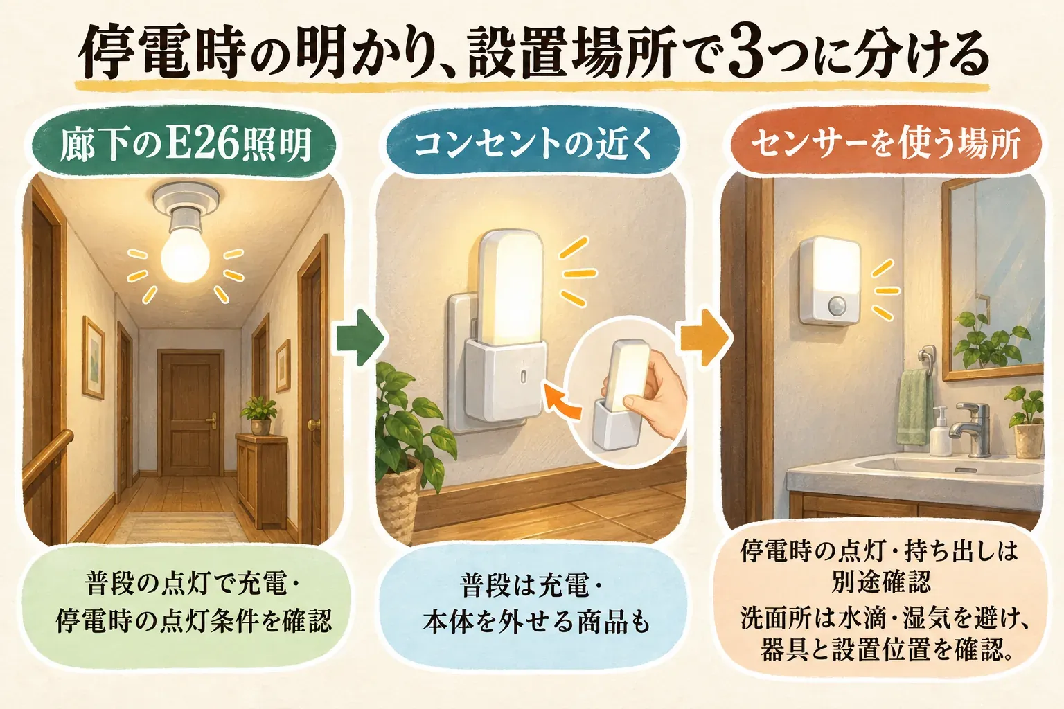 停電時の明かりを設置場所で3つに分ける図。廊下のE26照明は普段の点灯で充電し停電時の点灯条件を確認するLED電球、コンセントの近くは本体を外せる商品もある充電式非常灯、センサーを使う場所は停電時の点灯と持ち出しを別途確認するコンセント式センサーライトとして示す。洗面所は水滴・湿気を避け、器具との設置条件を確認すると注記している。