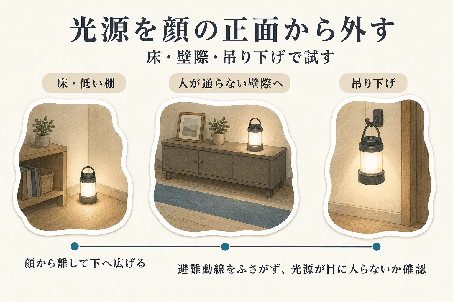 LEDランタンの置き方を示す図。床・低い棚、人が通らない壁際、吊り下げの3例を写真風のイラストで示し、光源を顔から離して下へ広げ、避難動線をふさがず光源が目に入らないか確認するよう案内している。