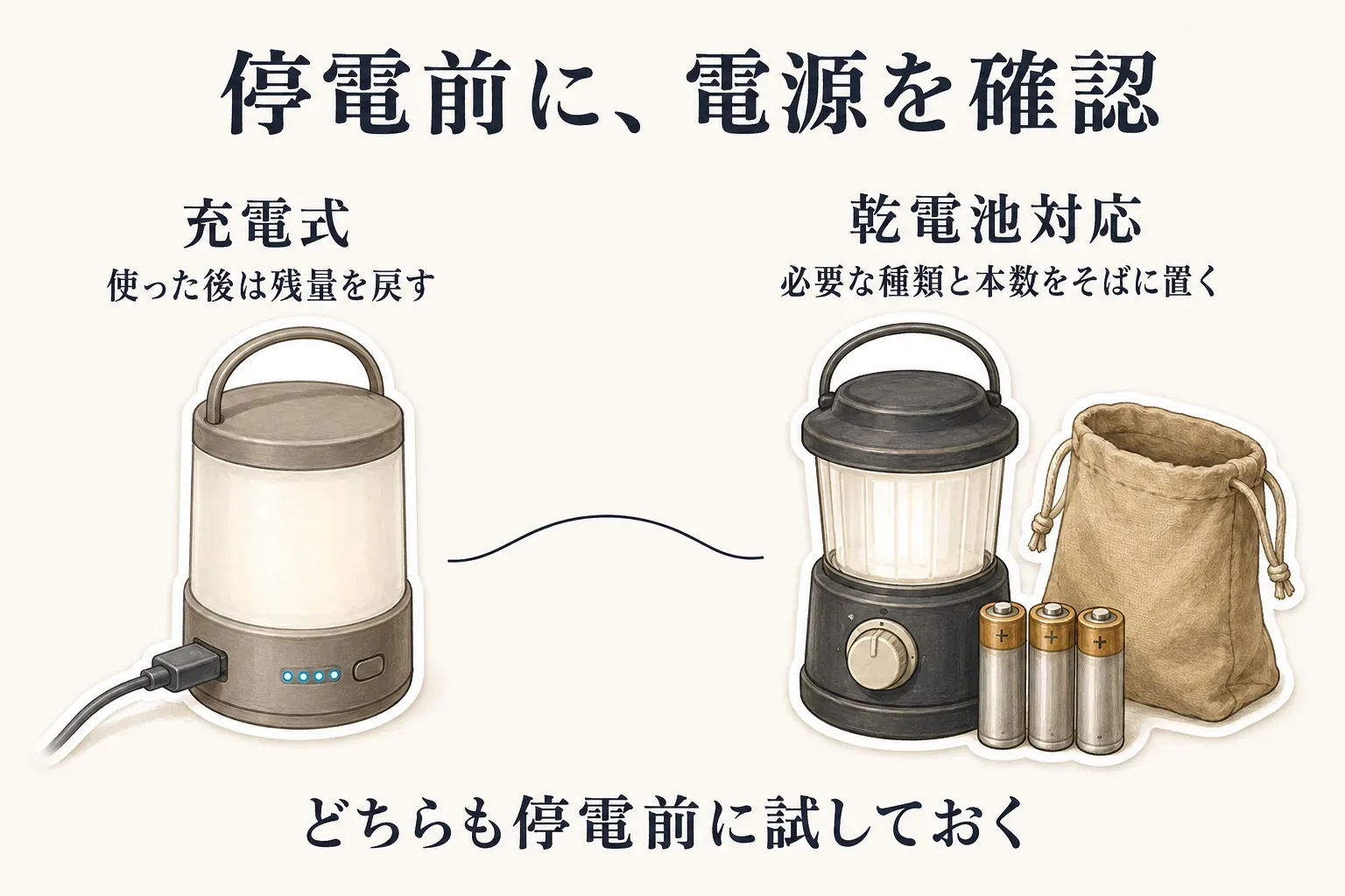 停電前のランタンの電源確認を示す図。充電式は使用後に残量を戻すこと、乾電池対応は必要な種類と本数の乾電池をランタンのそばに置くことを、USBケーブルと乾電池のイラストで案内している。