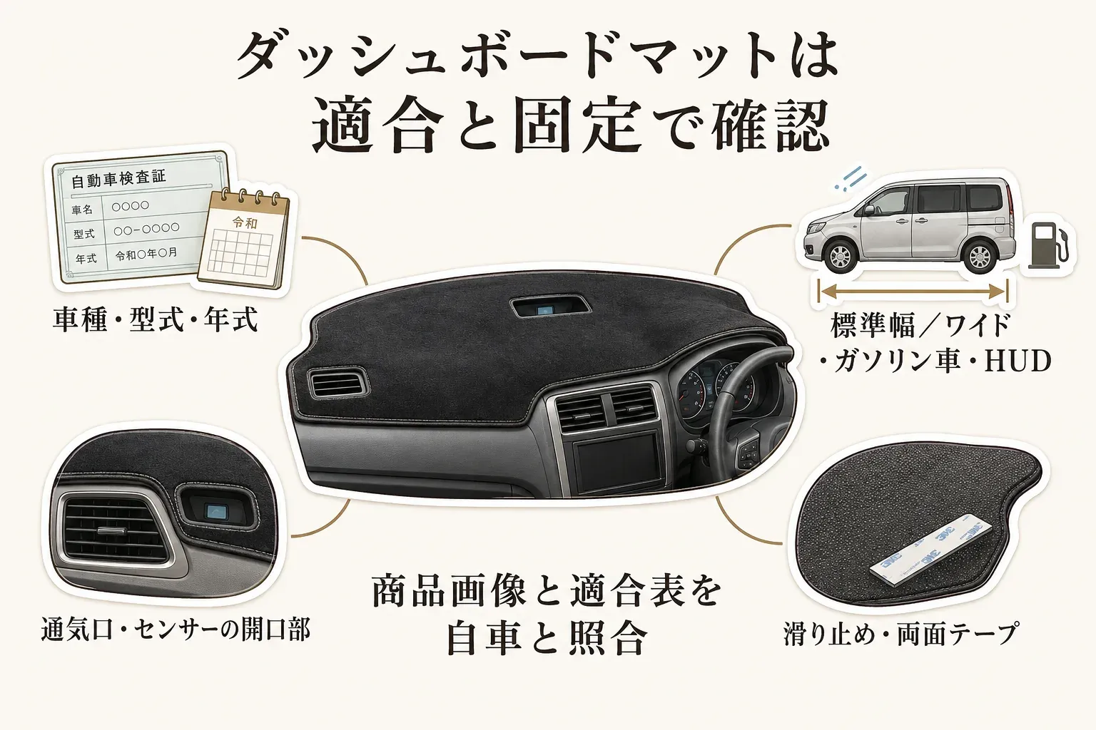ダッシュボードマットの適合と固定で確認する点を示す図。車検証などで車種・型式・年式を確認し、標準幅かワイドか、ガソリン車か、HUDの有無を照合する。通気口・センサーの開口部をふさがない形状、滑り止めや両面テープによる固定方法を、商品画像と適合表で自車と照らし合わせることを示している。