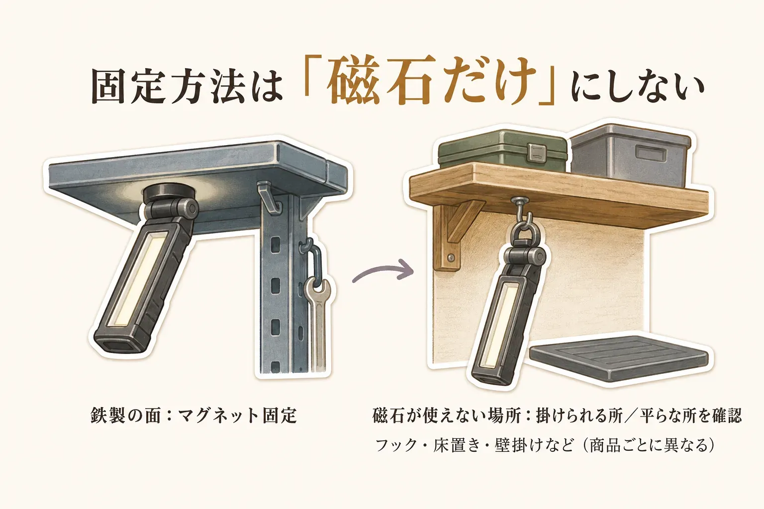 ワークライトの固定方法を示す図。鉄製の棚ではマグネットで固定し、磁石が使えない場所ではフックで掛ける、平らな場所に床置きする、壁に掛けるなど、商品ごとに異なる固定方法を確認する。