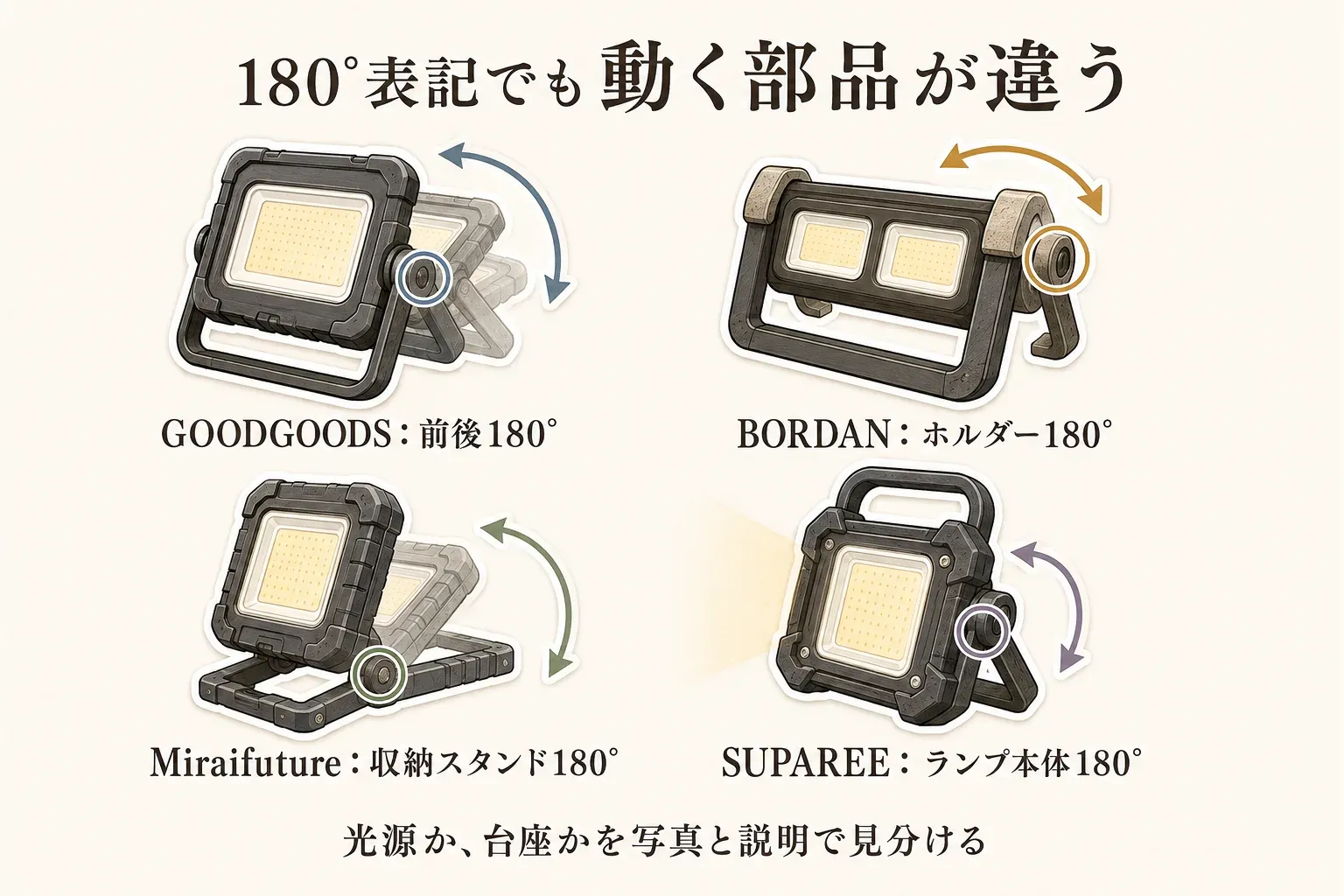 180度調整の動く部品の違いを示す図。GOODGOODSは前後180度、BORDANはホルダー180度、Miraifutureは収納スタンド180度、SUPAREEはランプ本体180度で、光源か台座かを写真と商品説明で確認する。