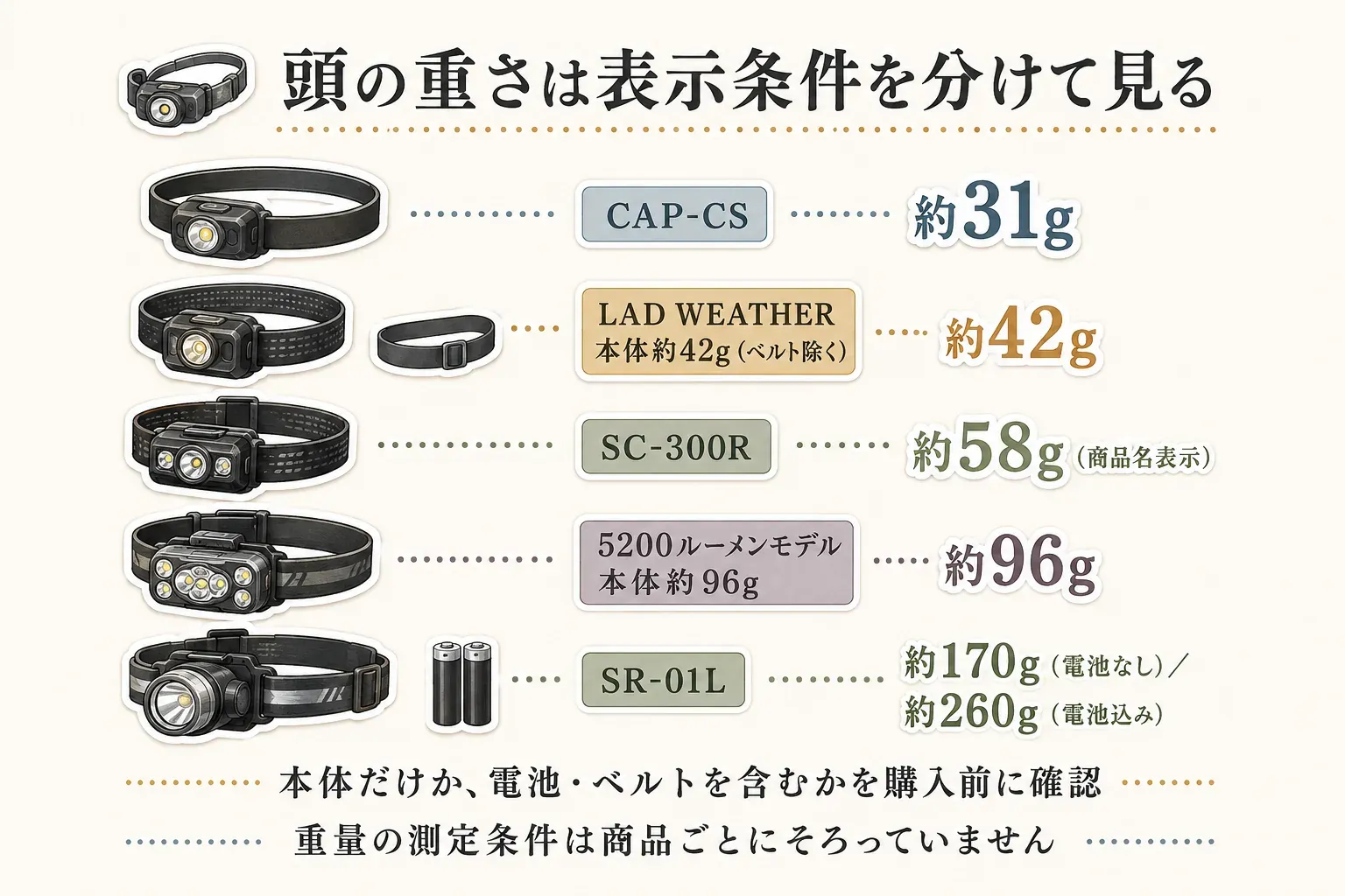 ヘッドライトの重量表示条件を比べる図。CAP-CSは約31g、LAD WEATHERはベルトを除く本体約42g、SC-300Rは商品名表示で約58g、5200ルーメンモデルは本体約96g、SR-01Lは電池なし約170g・電池込み約260g。購入前に本体のみか、電池・ベルトを含むかを確認し、測定条件は商品ごとにそろっていないことを示す。