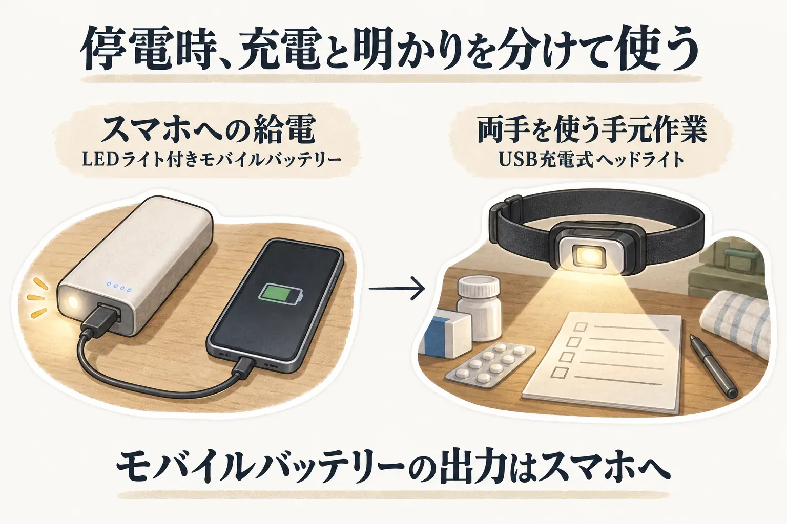 停電時の充電と明かりの役割分担図。LEDライト付きモバイルバッテリーでスマートフォンを充電し、USB充電式ヘッドライトで薬・メモ・ペンのある手元を照らして両手を使う様子と、モバイルバッテリーの出力はスマートフォンへ回すことを示している。