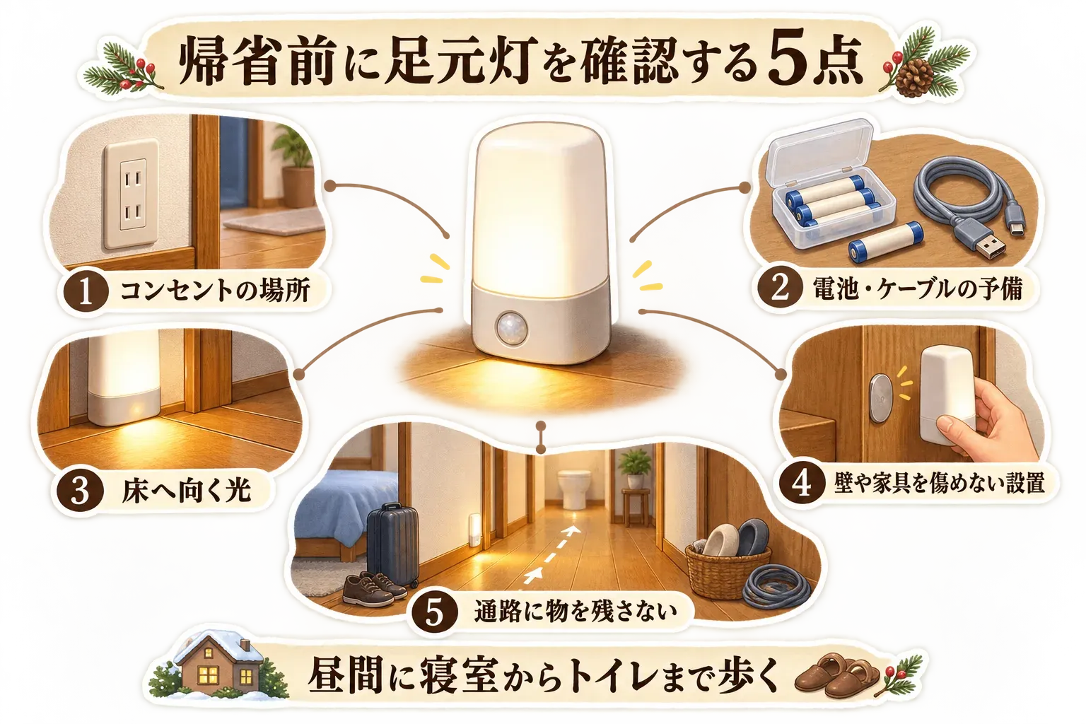 冬の帰省前に足元灯を確認する5項目を示す図。コンセントの場所、電池・ケーブルの予備、床へ向ける光、壁や家具を傷めない設置、寝室からトイレまでの通路に物を残さないことを、足元灯と廊下のイラストで説明している。