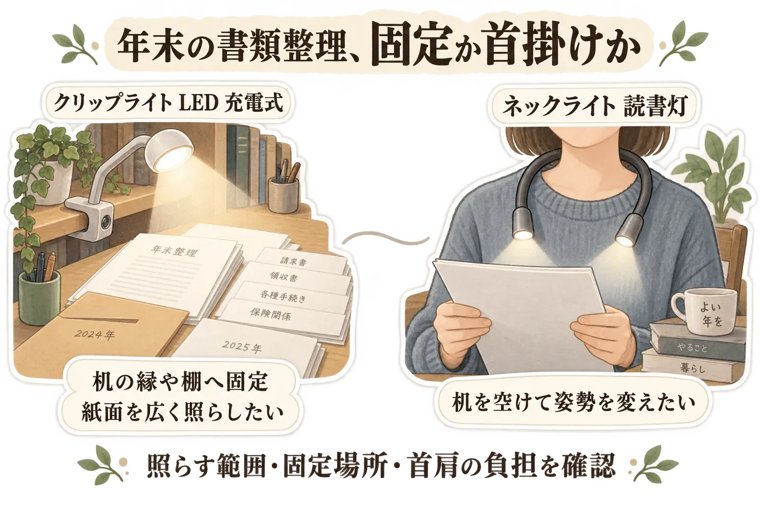 年末の書類整理でのクリップライトとネックライトの使い分けを示す図。クリップライトは机の縁や棚へ固定して書類を広く照らし、ネックライトは机を空けて書類を持ちながら姿勢を変えて照らす様子を描いている。